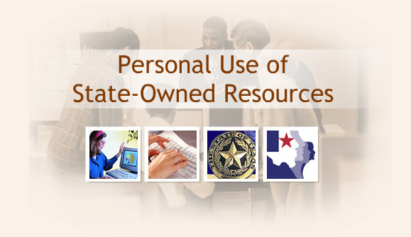 Personal Use of State-Owned Resources title screen showing collage of images: employee looking at computer, hands typing on keyboard, State of Texas seal, and HHS system logo